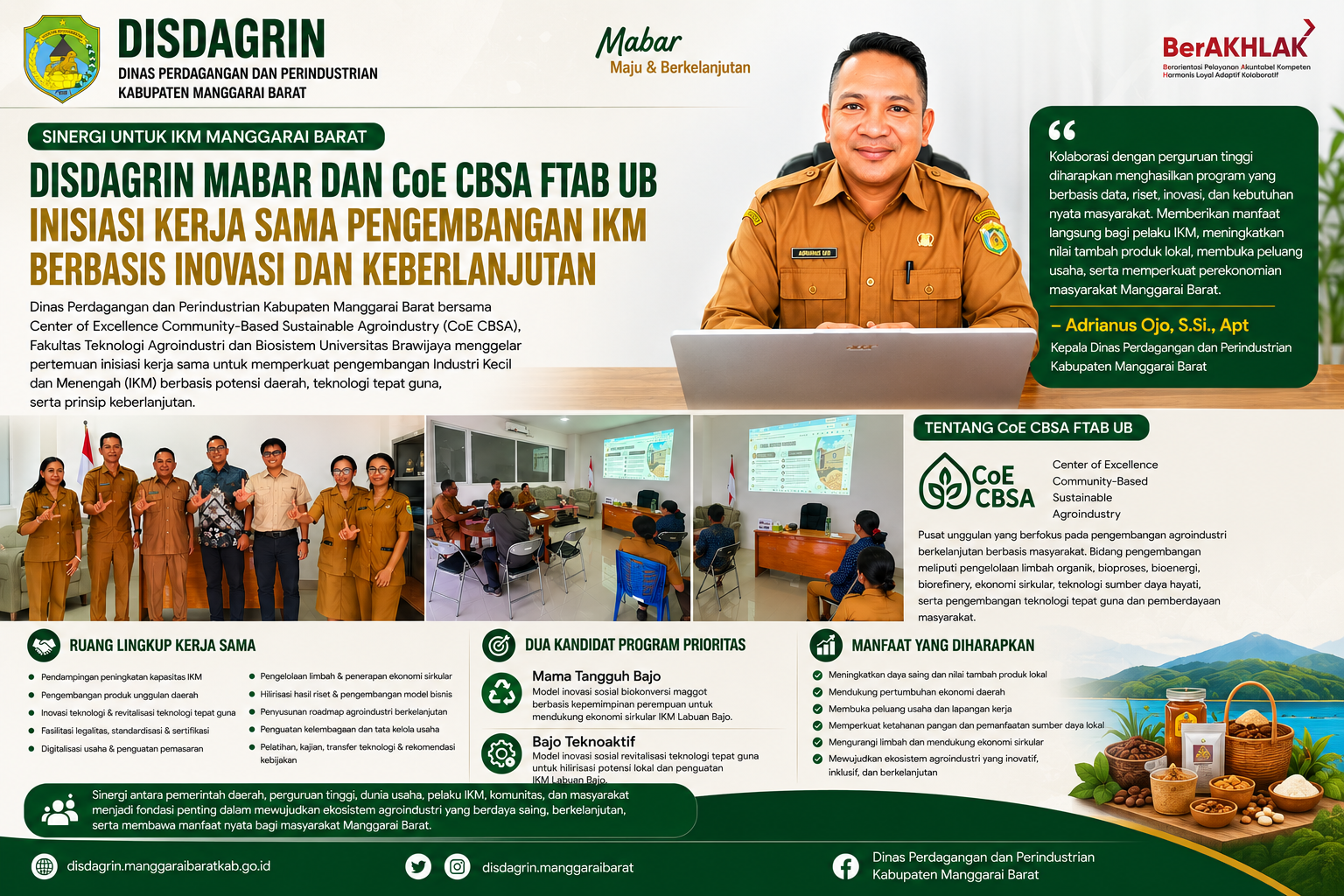 Disdagrin Manggarai Barat dan CoE CBSA Universitas Brawijaya Inisiasi Kerja Sama Pengembangan IKM Berbasis Inovasi Berkelanjutan
