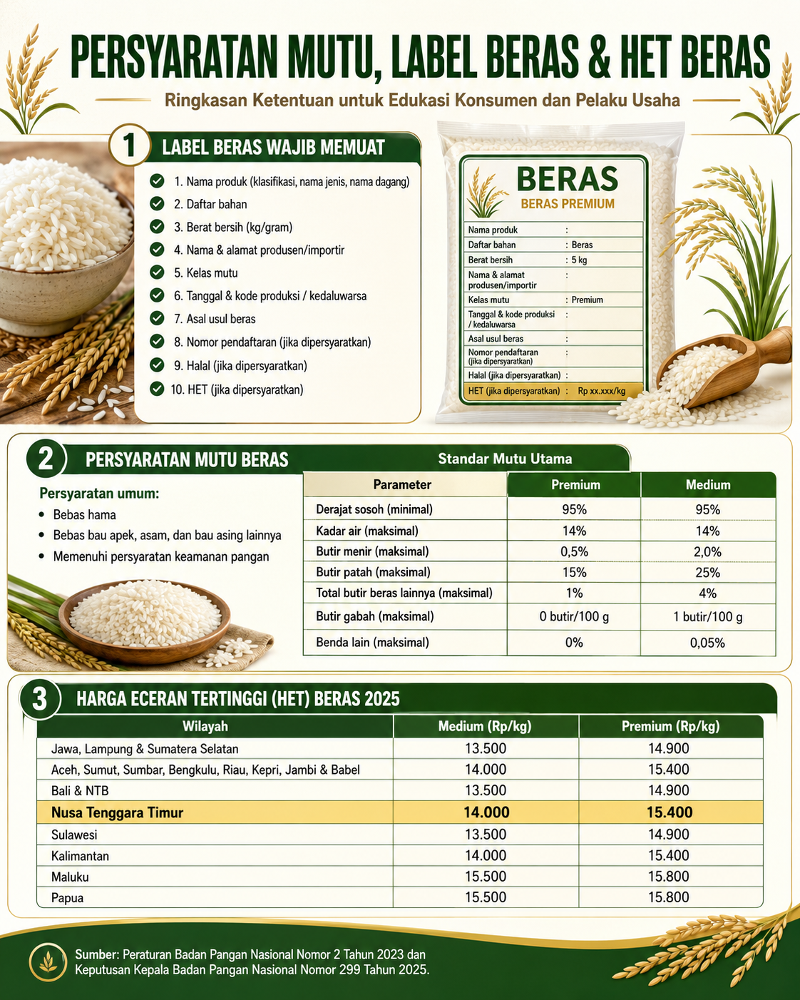 Mutu, Label dan HET Beras